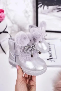 Hot Boto Dziecięce Śniegowce Ocieplane Futerkiem Z Uszami Srebrne Bunny