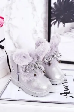 Hot Boto Dziecięce Śniegowce Ocieplane Futerkiem Z Uszami Srebrne Bunny