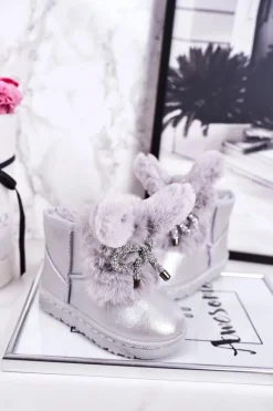 Hot Boto Dziecięce Śniegowce Ocieplane Futerkiem Z Uszami Srebrne Bunny