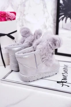 Hot Boto Dziecięce Śniegowce Ocieplane Futerkiem Z Uszami Srebrne Bunny