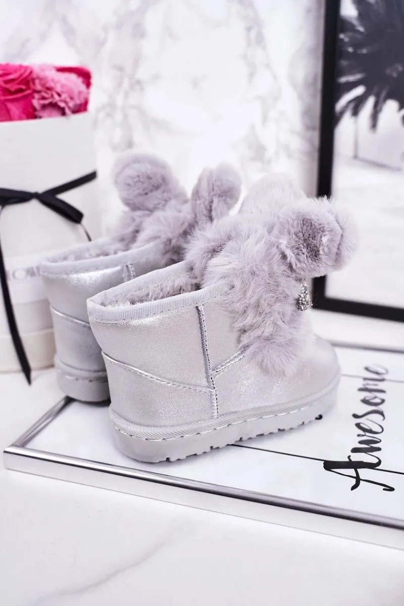 Hot Boto Dziecięce Śniegowce Ocieplane Futerkiem Z Uszami Srebrne Bunny