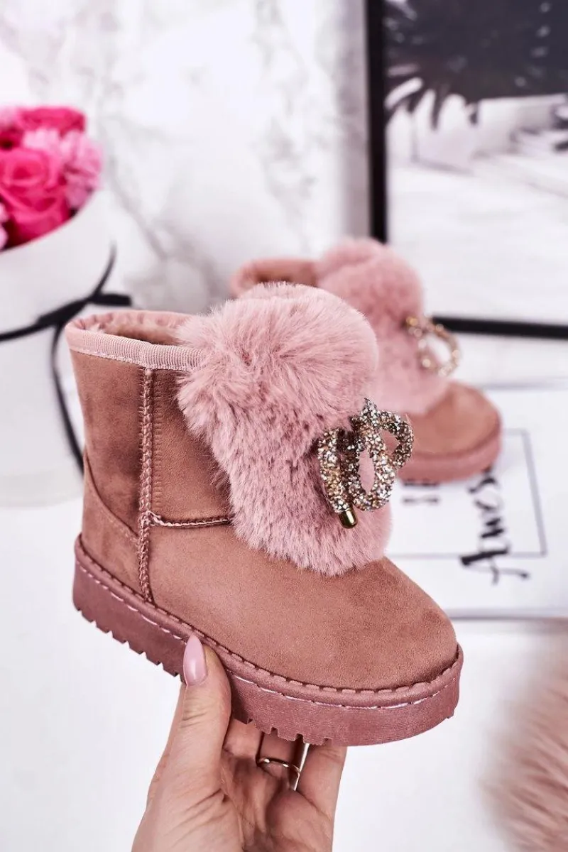 Dziewczęce>Boto Dziecięce Śniegowce Ocieplane Futerkiem Zamszowe Różowe Amelia Różowy