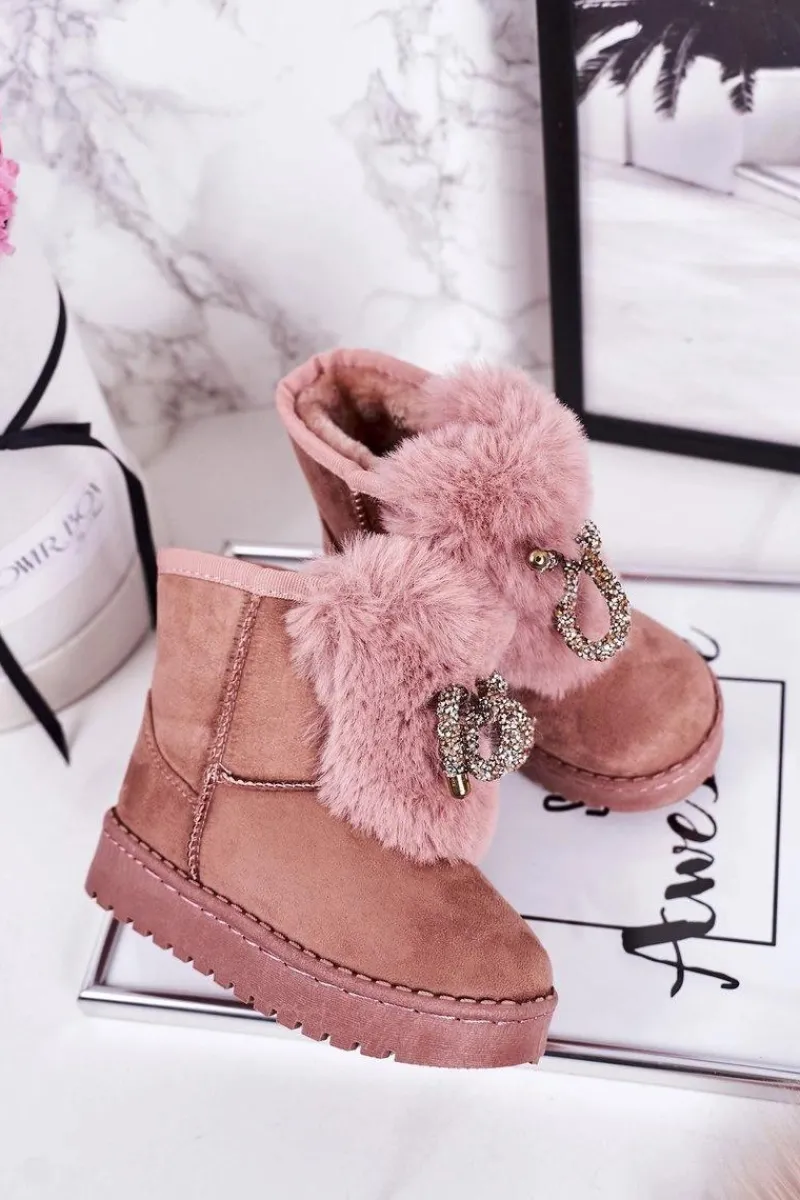 Dziewczęce>Boto Dziecięce Śniegowce Ocieplane Futerkiem Zamszowe Różowe Amelia Różowy