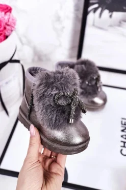 Outlet Boto Dziecięce Śniegowce Ocieplane Futerkiem Ciemno Szare Aurora Szary