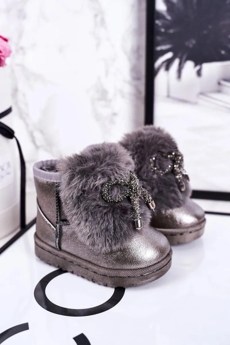 Outlet Boto Dziecięce Śniegowce Ocieplane Futerkiem Ciemno Szare Aurora Szary