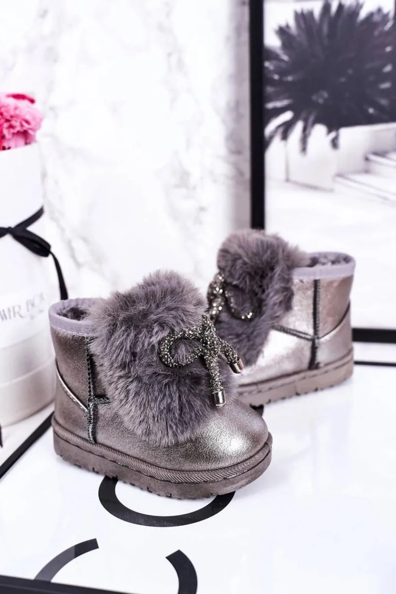 Outlet Boto Dziecięce Śniegowce Ocieplane Futerkiem Ciemno Szare Aurora Szary