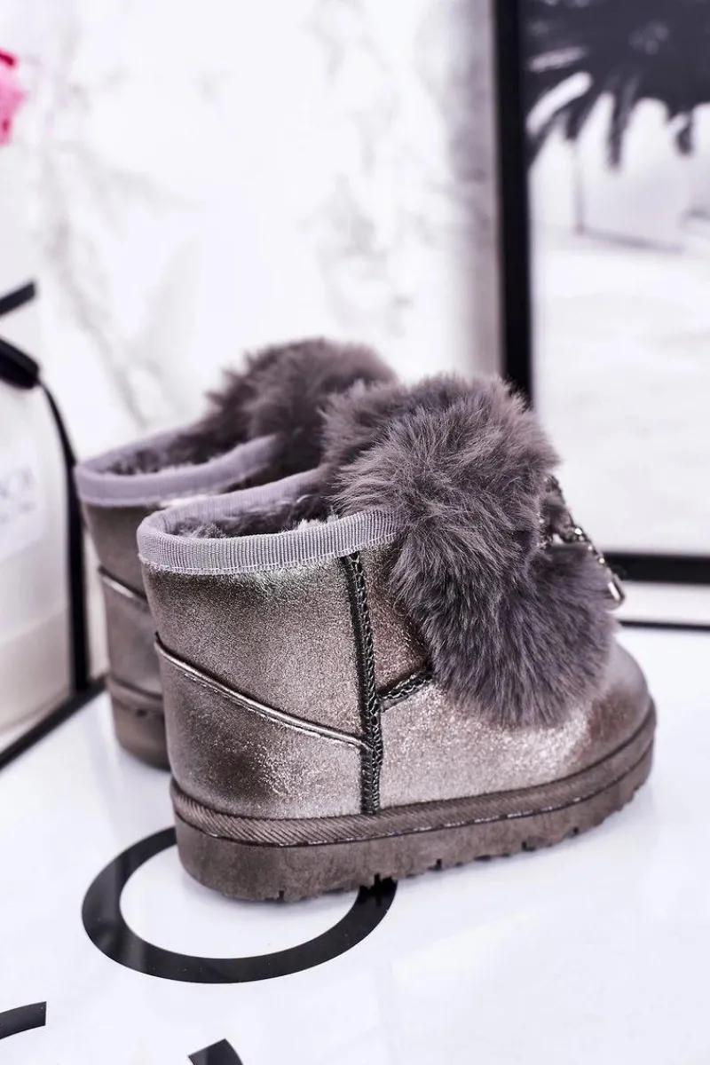 Outlet Boto Dziecięce Śniegowce Ocieplane Futerkiem Ciemno Szare Aurora Szary