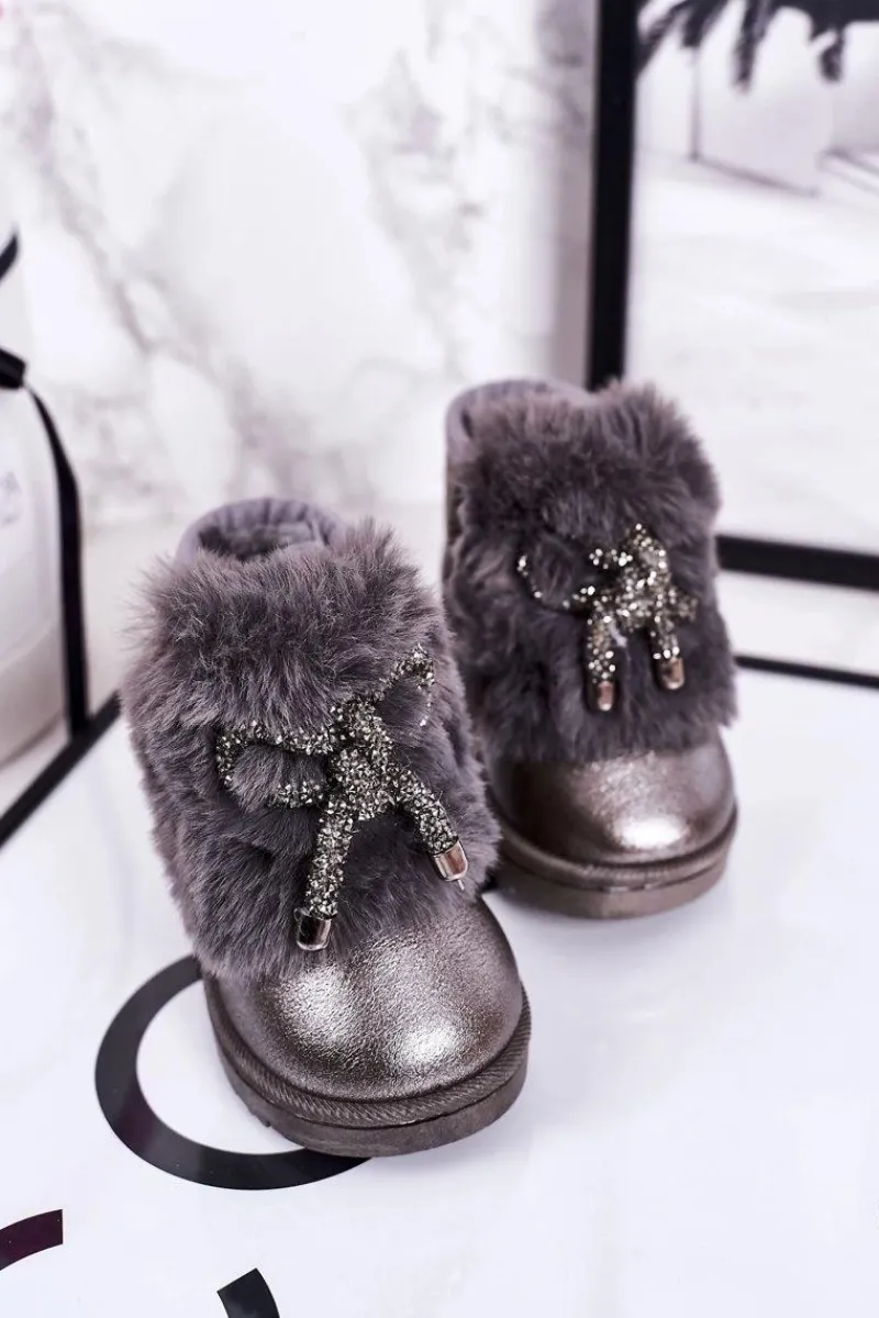 Outlet Boto Dziecięce Śniegowce Ocieplane Futerkiem Ciemno Szare Aurora Szary