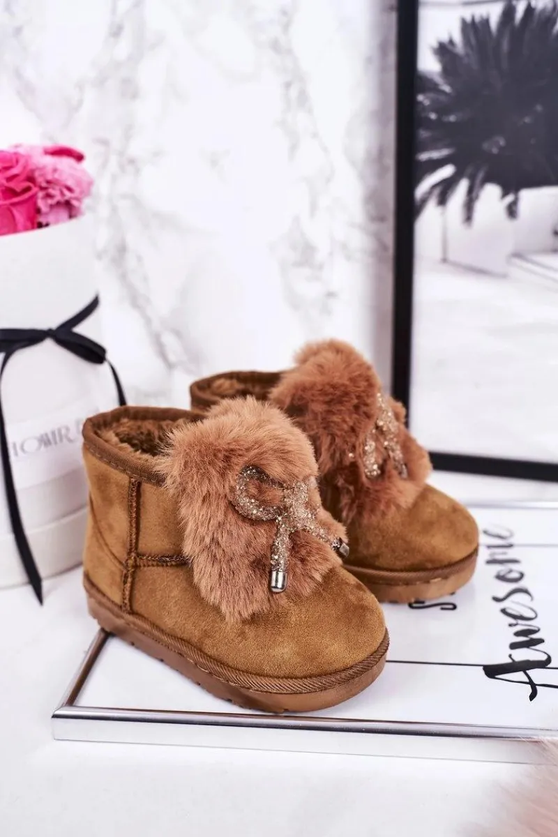 Dziewczęce>Boto Dziecięce Śniegowce Ocieplane Futerkiem Zamszowe Karmelowe Amelia