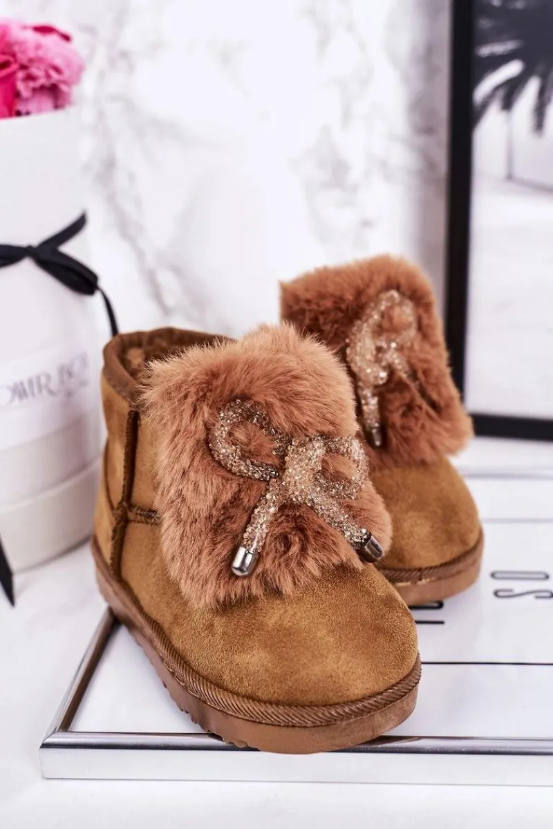 Dziewczęce>Boto Dziecięce Śniegowce Ocieplane Futerkiem Zamszowe Karmelowe Amelia