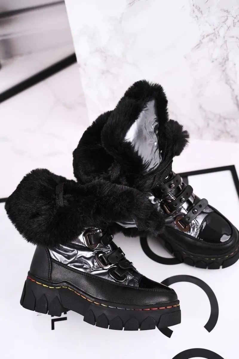 Dziecięce Śniegowce Ocieplone Futerkiem Czarno Szare Turismo Dzieci Dziewczęce