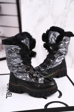 Dziecięce Śniegowce Ocieplone Futerkiem Czarno Szare Turismo Dzieci Dziewczęce