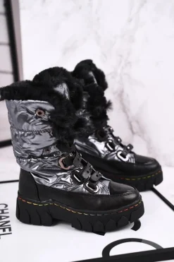 Dziecięce Śniegowce Ocieplone Futerkiem Czarno Szare Turismo Dzieci Dziewczęce