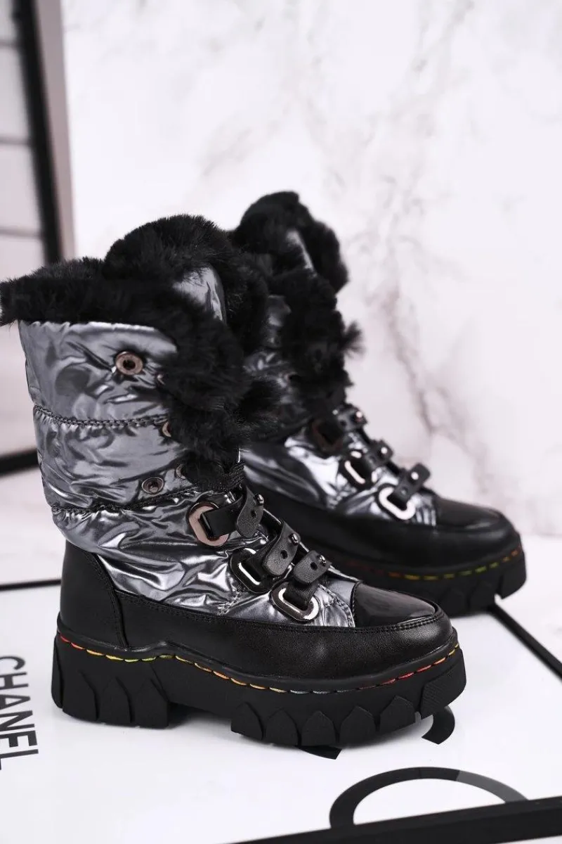 Dziecięce Śniegowce Ocieplone Futerkiem Czarno Szare Turismo Dzieci Dziewczęce