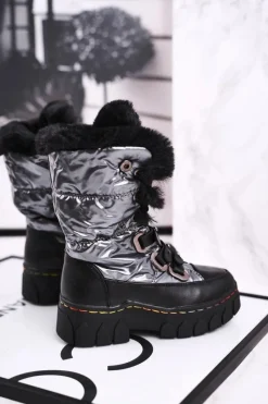 Dziecięce Śniegowce Ocieplone Futerkiem Czarno Szare Turismo Dzieci Dziewczęce