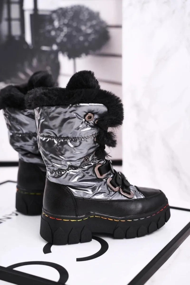 Dziecięce Śniegowce Ocieplone Futerkiem Czarno Szare Turismo Dzieci Dziewczęce