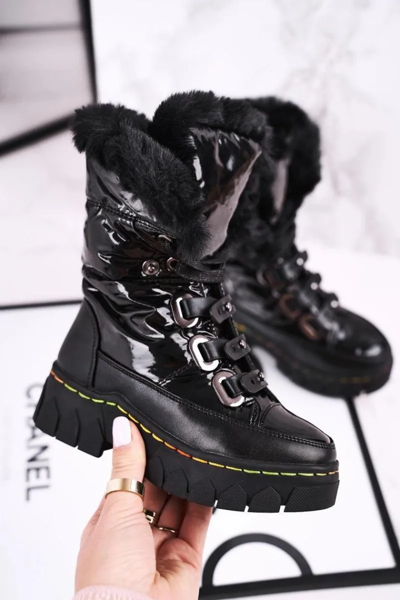 Dziewczęce>Boto Dziecięce Śniegowce Ocieplone Futerkiem Czarne Turismo