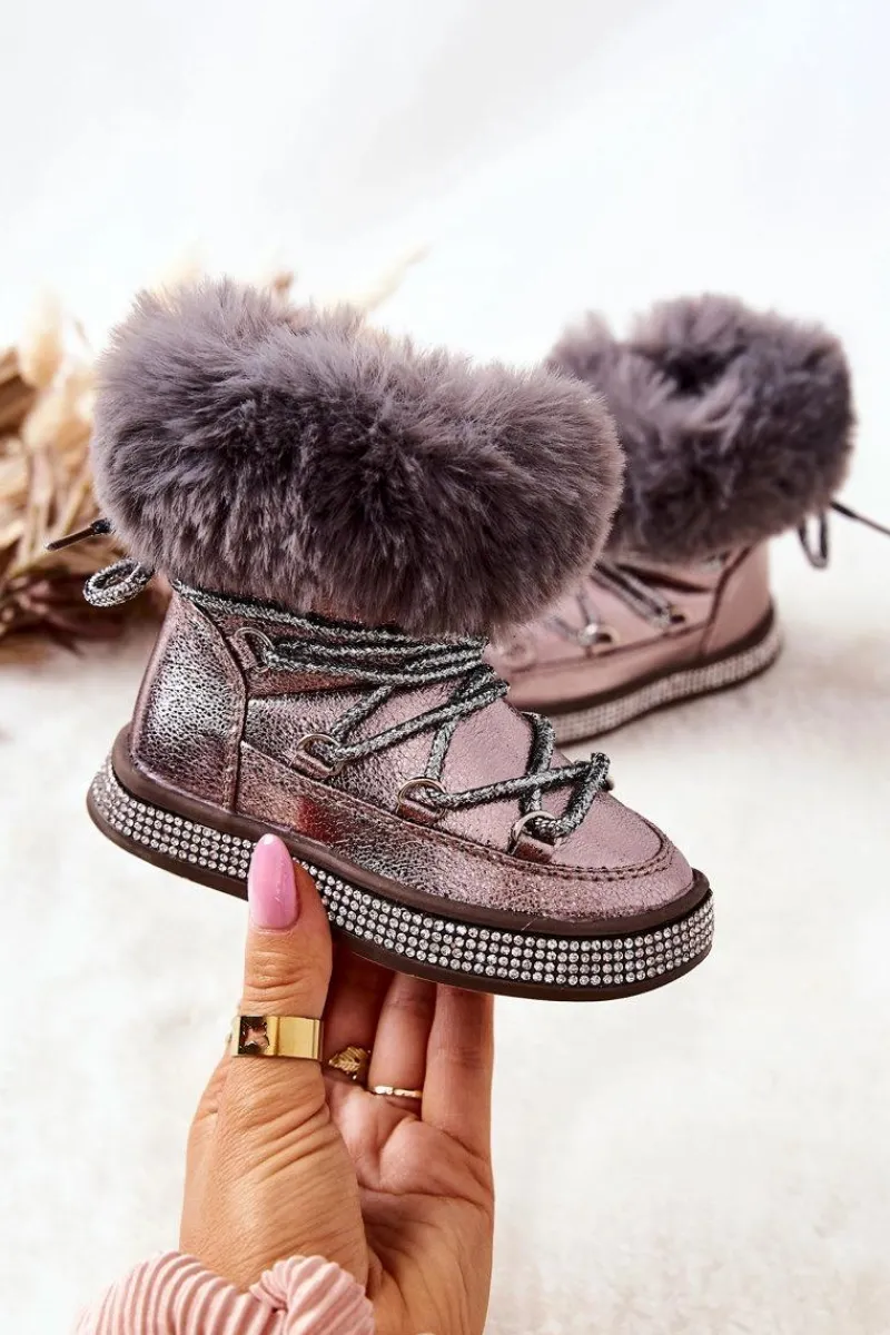 Outlet Boto Dziecięce Śniegowce Z Futerkiem Szaro-Brązowe Grandis