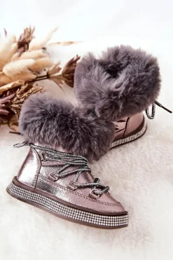 Outlet Boto Dziecięce Śniegowce Z Futerkiem Szaro-Brązowe Grandis