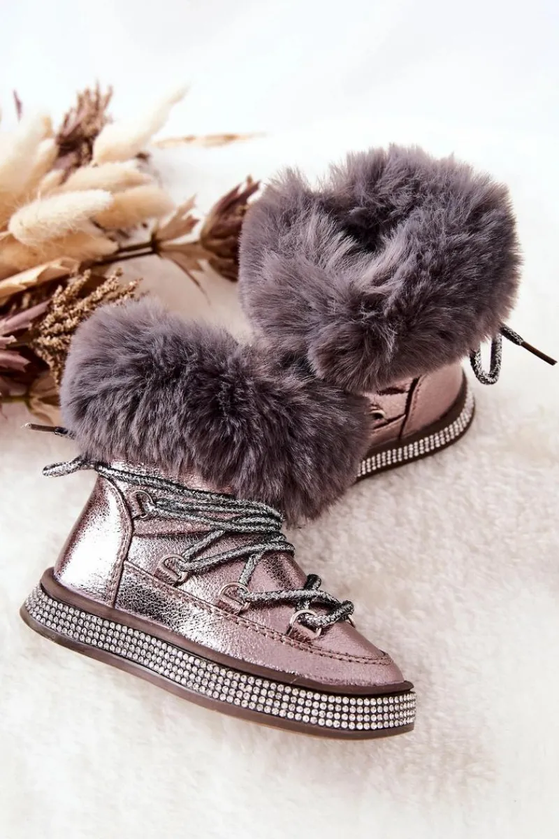 Outlet Boto Dziecięce Śniegowce Z Futerkiem Szaro-Brązowe Grandis