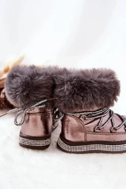 Outlet Boto Dziecięce Śniegowce Z Futerkiem Szaro-Brązowe Grandis