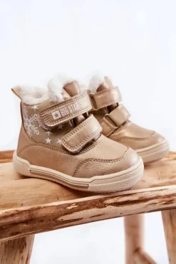 Chłopięce|Dziewczęce>Big Star Shoes Dziecięce Ocieplane Botki Na Rzepy Big Star KK374189 Beżowo-Złote
