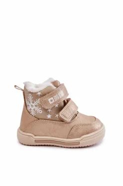 Chłopięce|Dziewczęce></noscript>Big Star Shoes Dziecięce Ocieplane Botki Na Rzepy Big Star KK374189 Beżowo-Złote