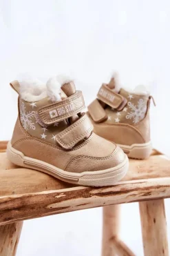 Chłopięce|Dziewczęce></noscript>Big Star Shoes Dziecięce Ocieplane Botki Na Rzepy Big Star KK374189 Beżowo-Złote