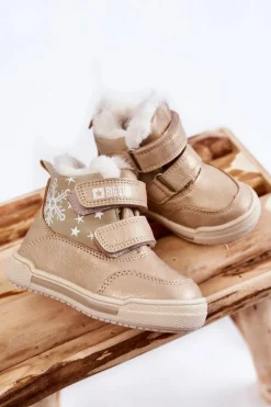 Chłopięce|Dziewczęce></noscript>Big Star Shoes Dziecięce Ocieplane Botki Na Rzepy Big Star KK374189 Beżowo-Złote