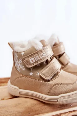Chłopięce|Dziewczęce></noscript>Big Star Shoes Dziecięce Ocieplane Botki Na Rzepy Big Star KK374189 Beżowo-Złote