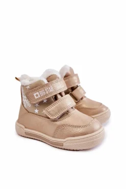 Chłopięce|Dziewczęce></noscript>Big Star Shoes Dziecięce Ocieplane Botki Na Rzepy Big Star KK374189 Beżowo-Złote
