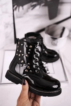 Clearance Boto Dziecięce Ocieplane Botki z Dżetami Lakierowane Czarne Fame