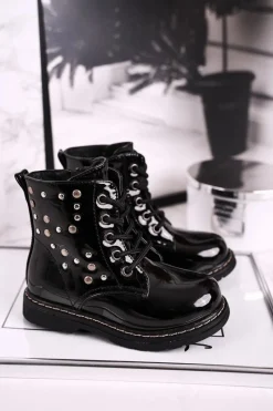 Clearance Boto Dziecięce Ocieplane Botki z Dżetami Lakierowane Czarne Fame