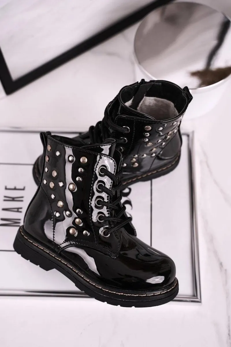 Clearance Boto Dziecięce Ocieplane Botki z Dżetami Lakierowane Czarne Fame