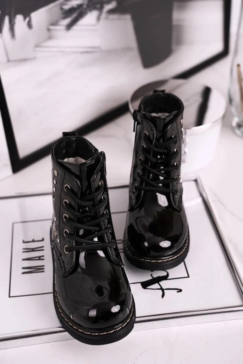 Clearance Boto Dziecięce Ocieplane Botki z Dżetami Lakierowane Czarne Fame