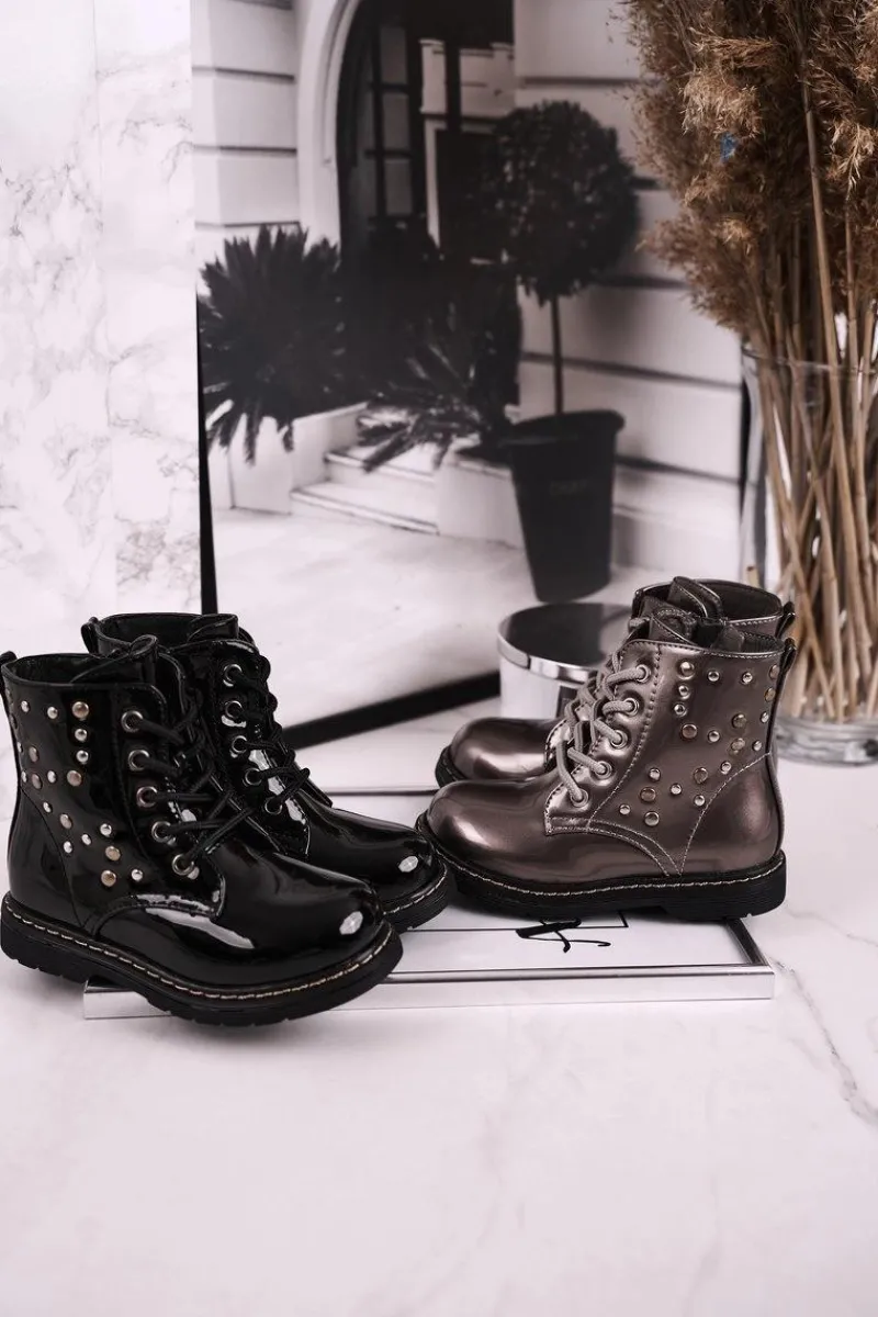 Clearance Boto Dziecięce Ocieplane Botki z Dżetami Lakierowane Czarne Fame