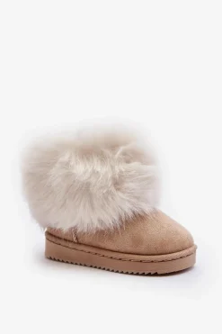 Clearance Dziecięce Ocieplane Botki Śniegowce Z Futerkiem Beżowe Nohie Dzieci Dziewczęce|Dziewczęce