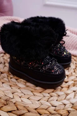 Dziecięce Ocieplane Botki Śniegowce Z Futerkiem Czarne Nicola Dzieci Chłopięce|Dziewczęce