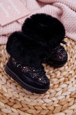 Dziecięce Ocieplane Botki Śniegowce Z Futerkiem Czarne Nicola Dzieci Chłopięce|Dziewczęce