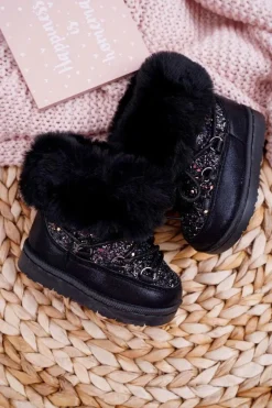 Dziecięce Ocieplane Botki Śniegowce Z Futerkiem Czarne Nicola Dzieci Chłopięce|Dziewczęce