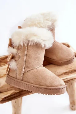 Dziewczęce|Dziewczęce>Boto Dziecięce Ocieplane Botki Z Kokardkami Śniegowce Jasnobeżowe Funky Beżowy