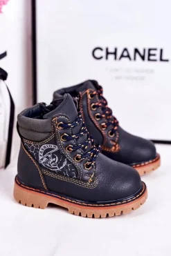 Chłopięce>Boto Dziecięce Ocieplane Botki Traperki Na Gumowej Podeszwie Granatowe Bobby