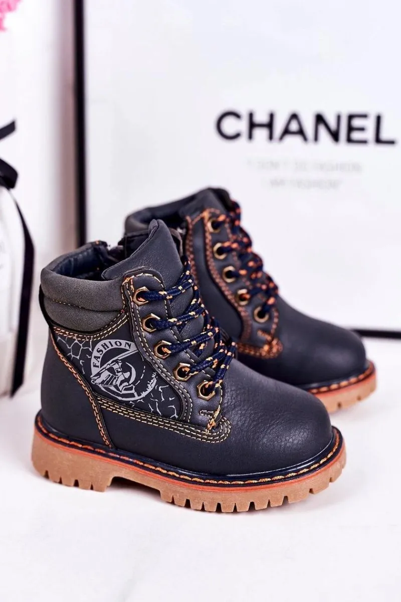 Chłopięce>Boto Dziecięce Ocieplane Botki Traperki Na Gumowej Podeszwie Granatowe Bobby