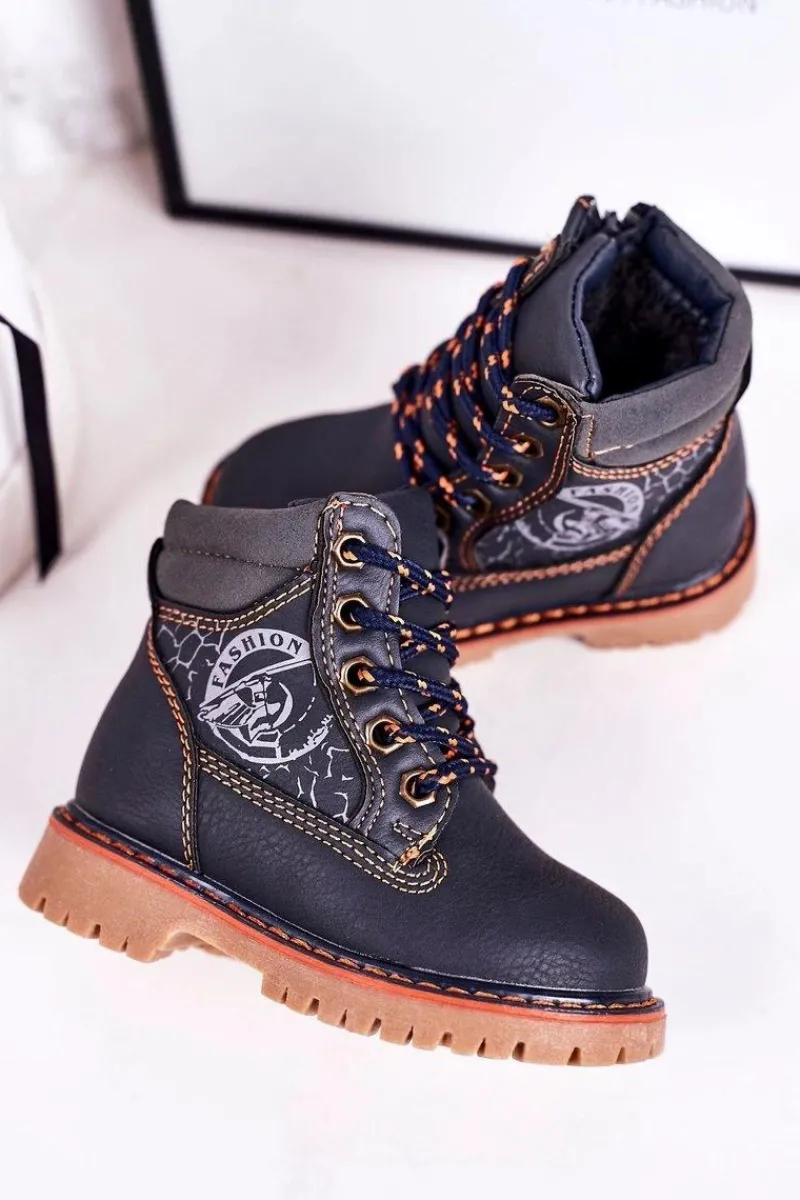 Chłopięce>Boto Dziecięce Ocieplane Botki Traperki Na Gumowej Podeszwie Granatowe Bobby