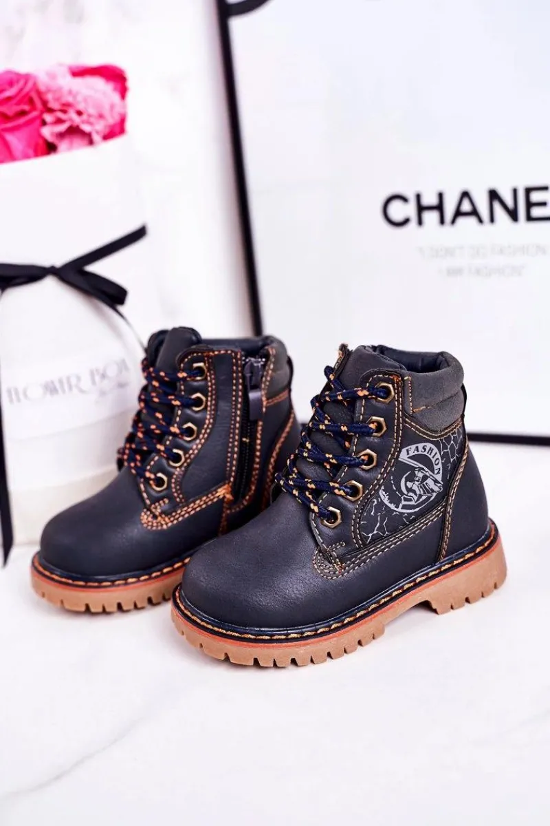 Chłopięce>Boto Dziecięce Ocieplane Botki Traperki Na Gumowej Podeszwie Granatowe Bobby