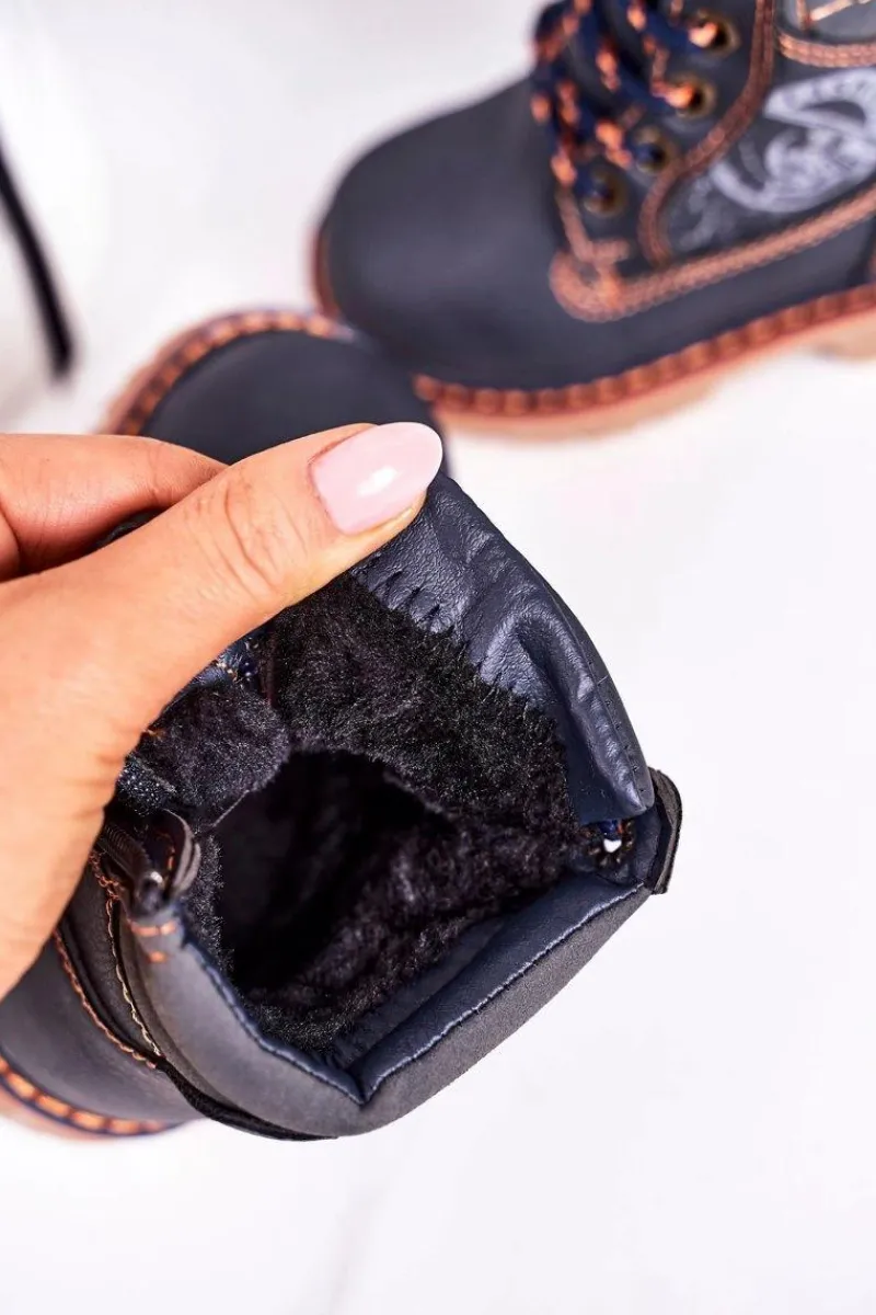 Chłopięce>Boto Dziecięce Ocieplane Botki Traperki Na Gumowej Podeszwie Granatowe Bobby