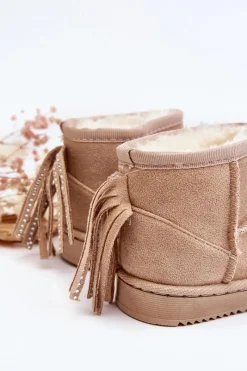 Outlet Dziecięce Ocieplane Botki Śniegowce Z Frędzlami Beżowe Mikyla Dzieci Dziewczęce|Dziewczęce