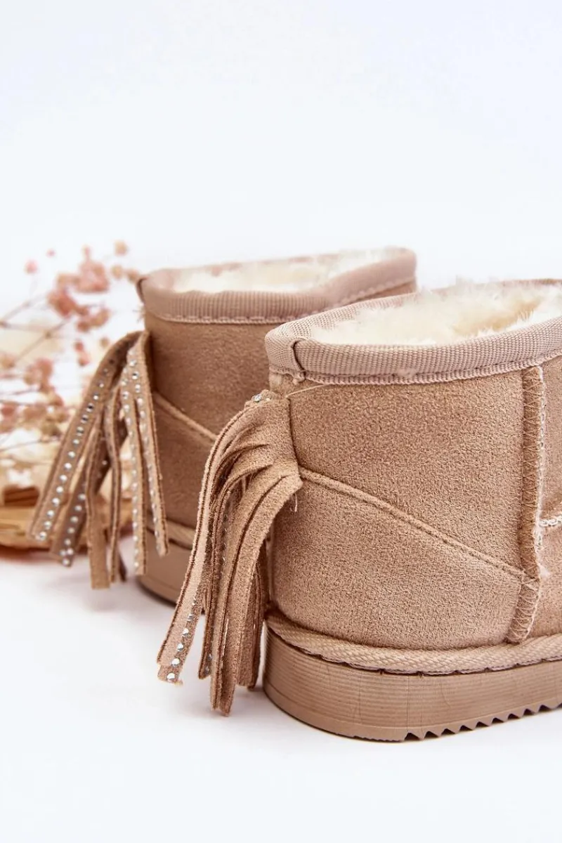Outlet Dziecięce Ocieplane Botki Śniegowce Z Frędzlami Beżowe Mikyla Dzieci Dziewczęce|Dziewczęce