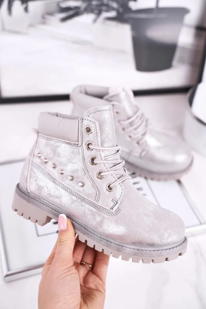 Dziewczęce>Boto Dziecięce Ocieplane Botki z Ćwiekami Srebrne Gonzo