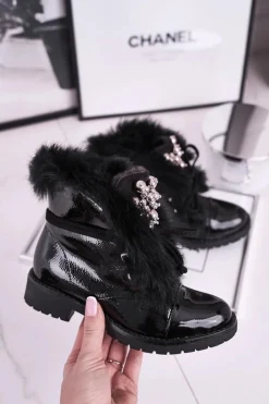 Dziewczęce>Boto Dziecięce Ocieplane Botki Z Futerkiem Lakierowane Czarne Ella